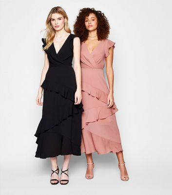 Black Frill Wrap Midi Dress | New Look